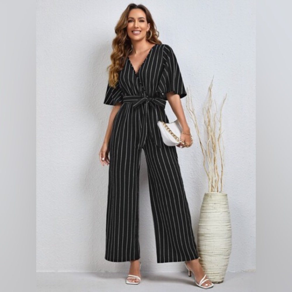 Black & White Stripe Wide Leg Jumpsuit Short Flutter Sleeve Tie Waist Size 1X